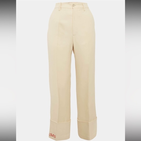 Gucci Pants - Gucci Embroidered Loved Cream Wool/Silk High Waist Wide Leg Trousers IT 38/US 2